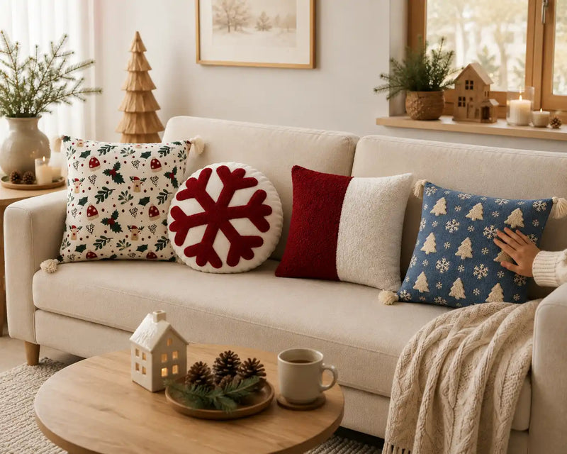 Kerst kussenhoes rendier, sneeuwvlok, rood wit en kerstboom print op beige bank