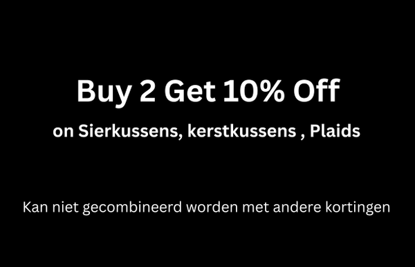 Black promo banner: buy 2 get 10% off cushions, Christmas pillows, plaids, no extra discounts
