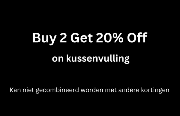 Black banner: Buy 2 get 20% off pillow filling, white text, exclusions apply, no other discounts