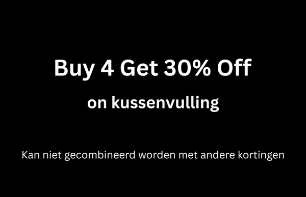 Black banner: buy 4 get 30% off pillow filling, white text, no other discounts apply