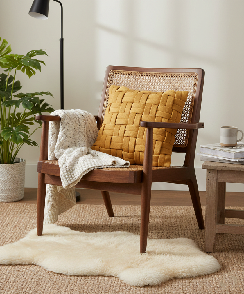 Decoratief kussen gevlochten stof okergeel – Urbane Hide Urbane Hide