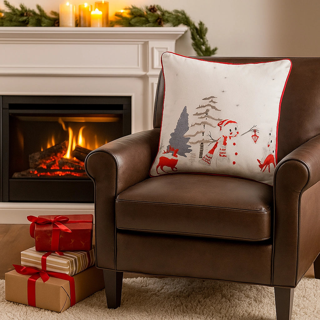 Winterkussen met sneeuwpop en herten borduursel – Urbane Hide Urbane Hide