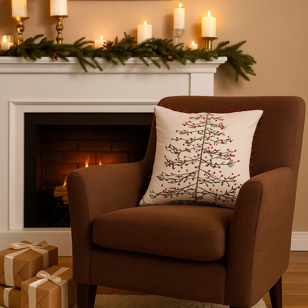 Kerstkussen met kerstboomprint en rode pompons – Urbane Hide Urbane Hide