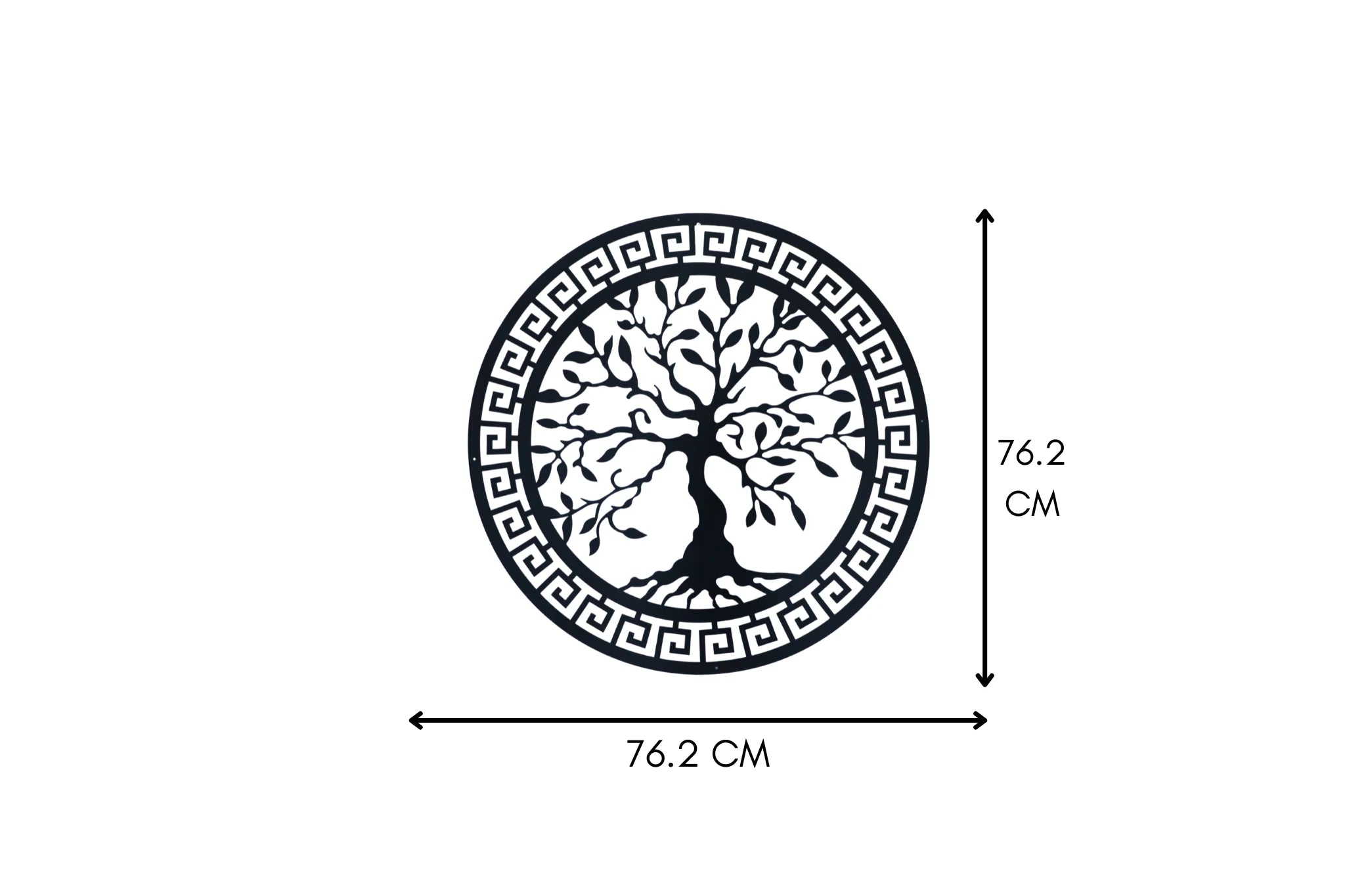 Rond zwart metalen muurdecoratie met Lebensboom, diameter 76.2 cm, met Griekse rand, perfect voor moderne interieurs.