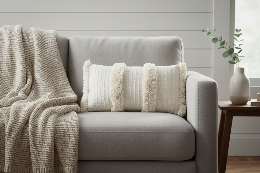 Lang kussen crèmekleur franjes boho textuur stijl - Urbane Hide Urbane Hide