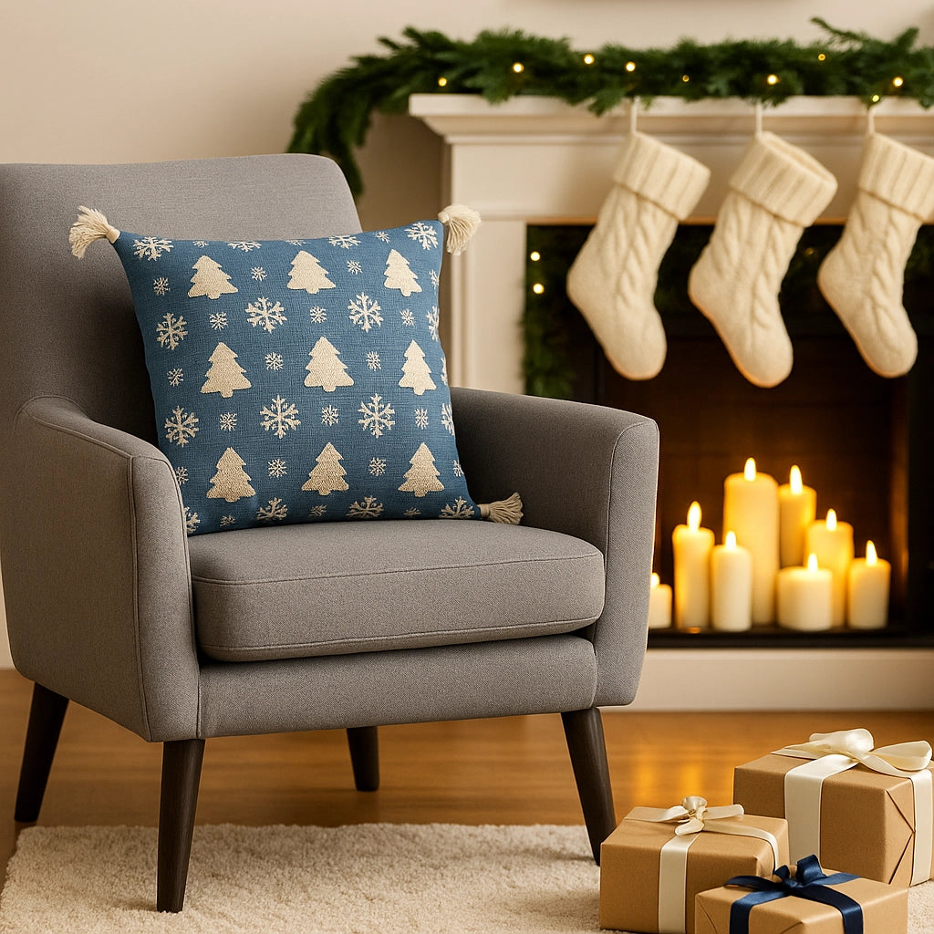 Kerst kussenhoes blauw met bomen en sneeuw - Urbane Hide 