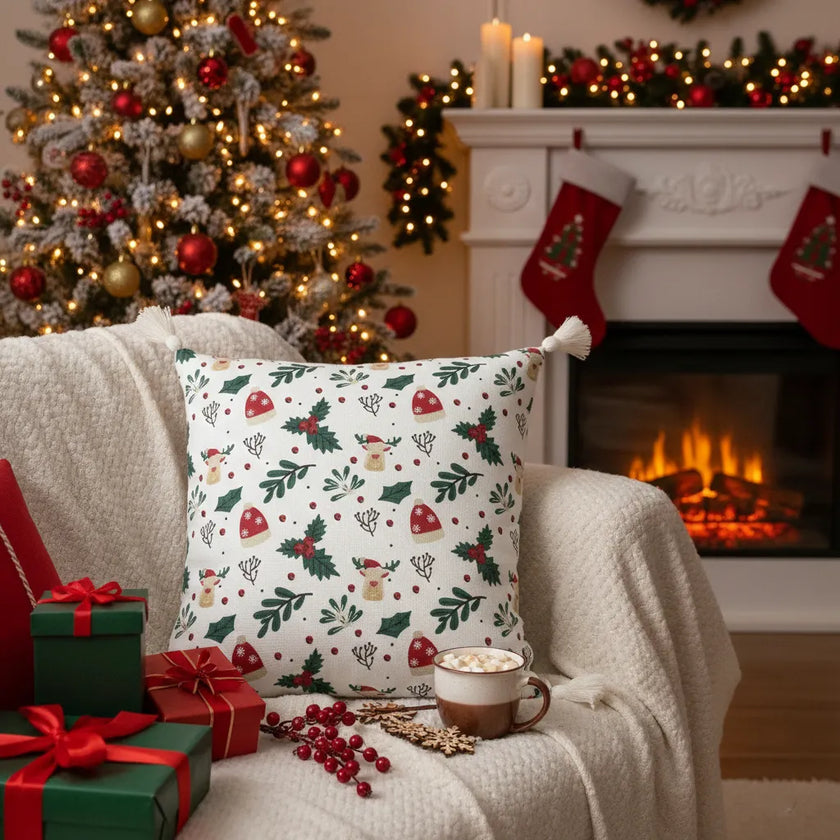 Kerst kussenhoes met print en kwastjes - Urbane Hide 