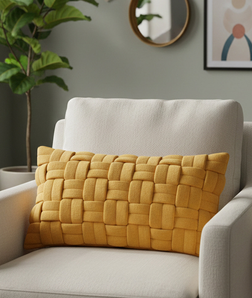 Housse coussin tressée jaune ocre déco | Urbane Hide