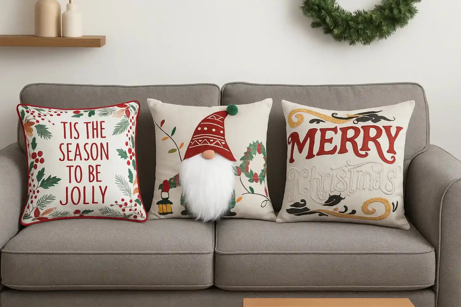 Gray sofa with festive cushions, gnome print, Christmas text pillows and wreath, cozy holiday decor