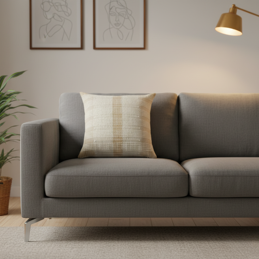 Kussen beige wit geweven rasterpatroon sierkussen - Urbane Hide Urbane Hide