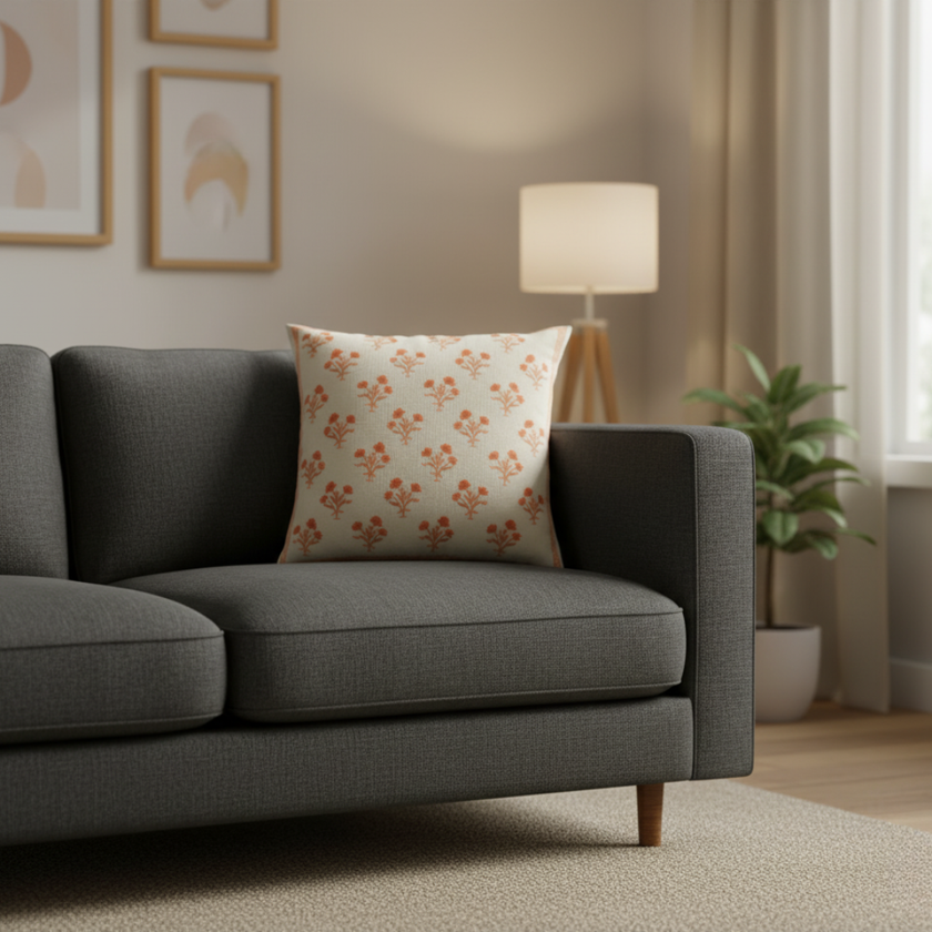 Kussen beige met oranje bloemen boho katoen - Urbane Hide Urbane Hide