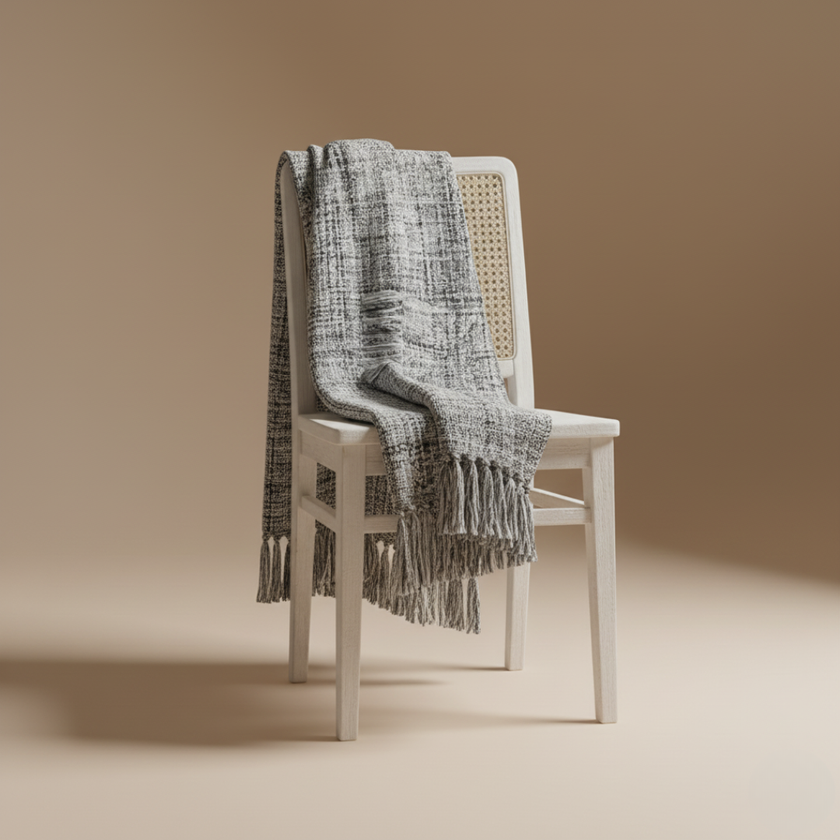 Zachte grijze plaid met franjes en geweven structuur - Urbane Hide Urbane Hide