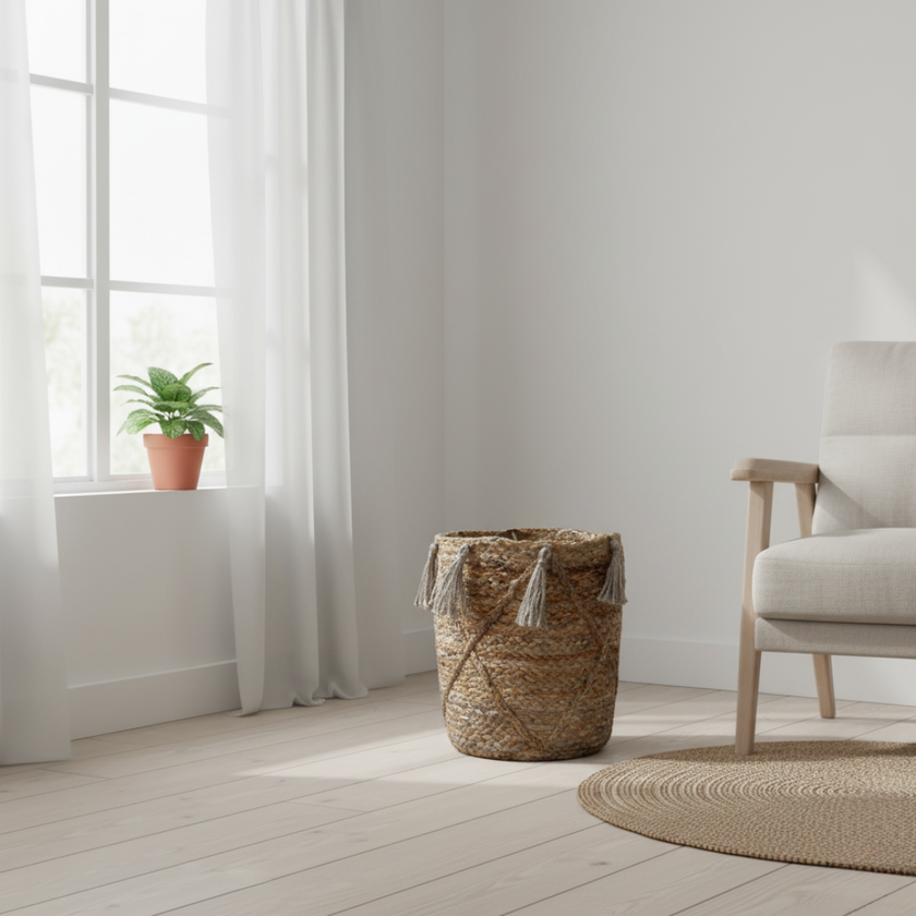 Gevlochten mand met franjes van jute – Urbane Hide Urbane Hide