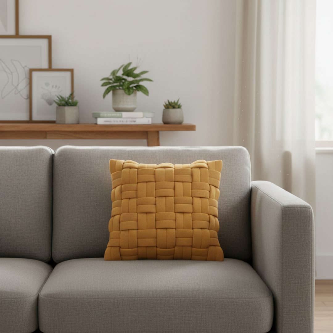 Decoratief kussen gevlochten stof okergeel – Urbane Hide Urbane Hide