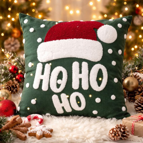 Kerstkussen met grappige 'Ho Ho Ho' tekst en kerstmuts – Urbane Hide