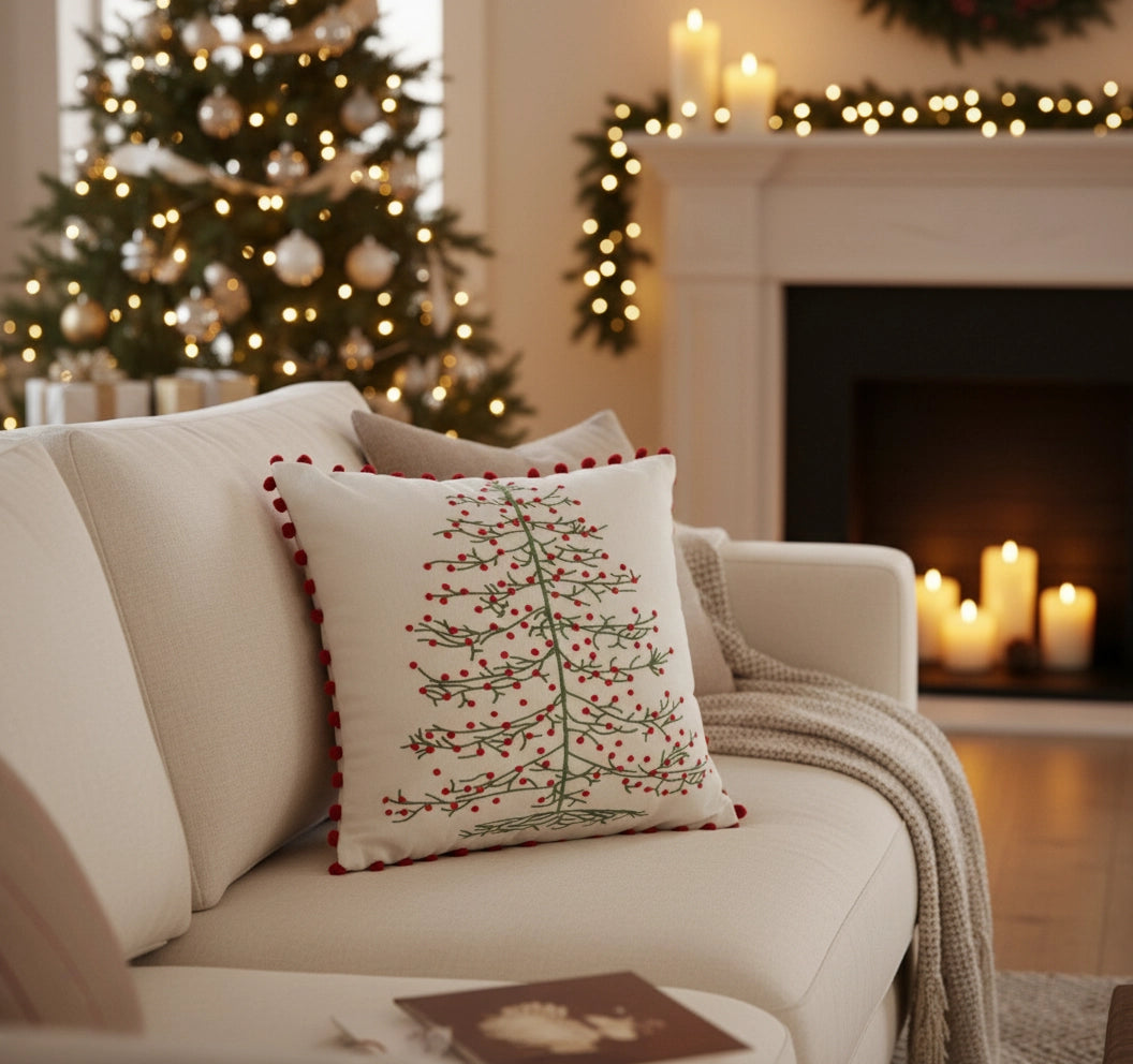 Kerstkussen met kerstboomprint en rode pompons – Urbane Hide Urbane Hide