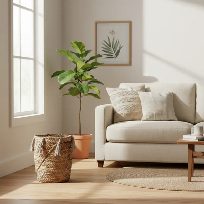 Gevlochten mand met franjes van jute – Urbane Hide 