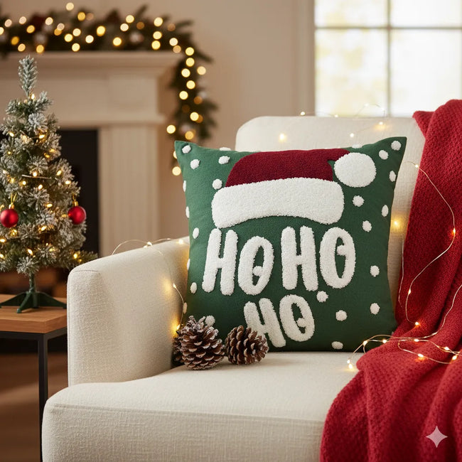 Kerstkussen met grappige 'Ho Ho Ho' tekst en kerstmuts – Urbane Hide  