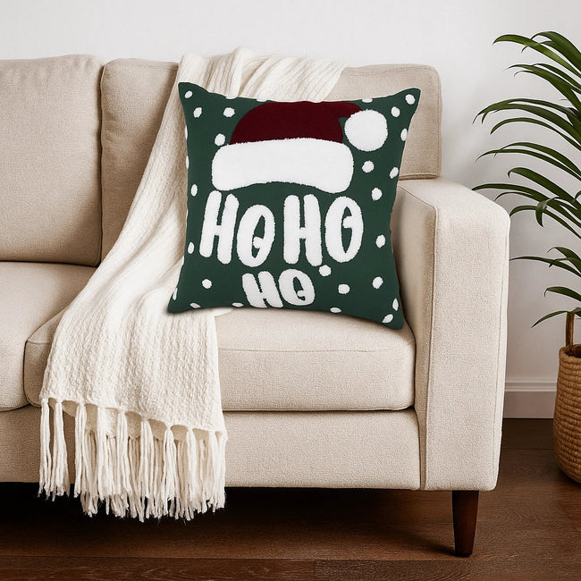 Kerstkussen met grappige 'Ho Ho Ho' tekst en kerstmuts – Urbane Hide 