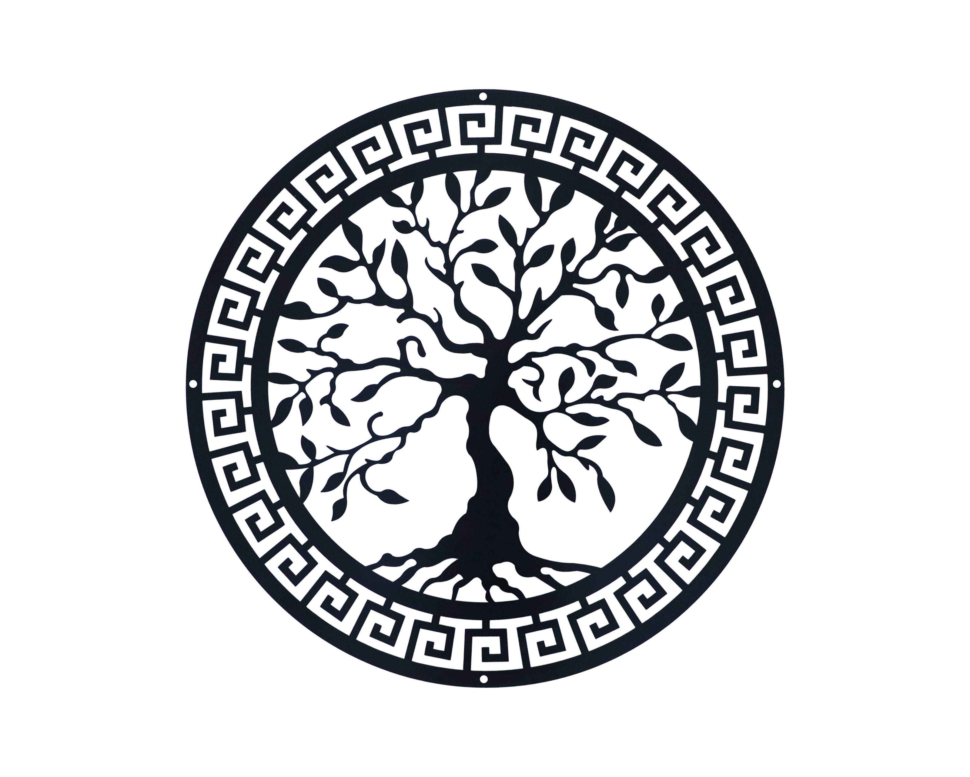 Levensboom muurdecoratie rond zwart metaal, geïnspireerd door Griekse stijl, perfect voor moderne interieurs.