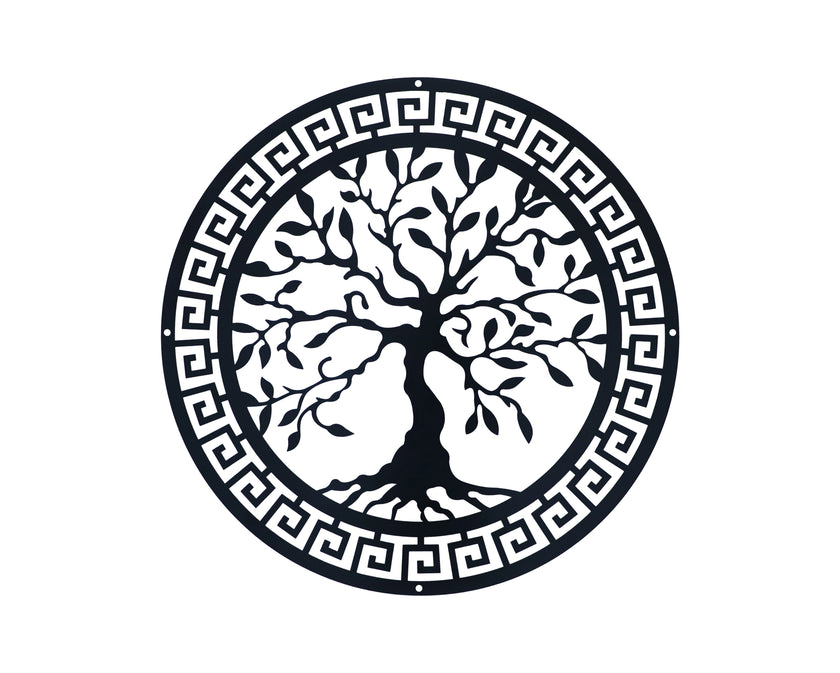 Levensboom muurdecoratie rond zwart metaal, geïnspireerd door Griekse stijl, perfect voor moderne interieurs.