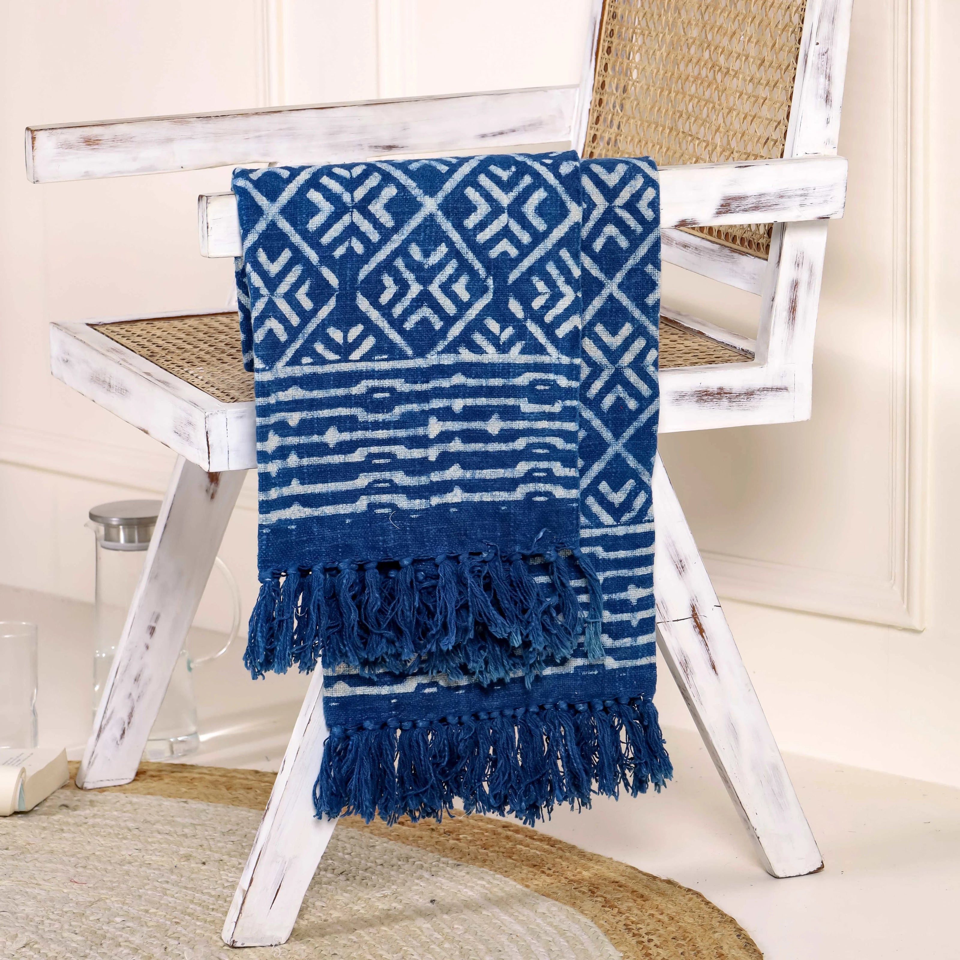 Indigo Boho Plaid met Tribal Patroon & Franjes – Urbane Hide Urbane Hide