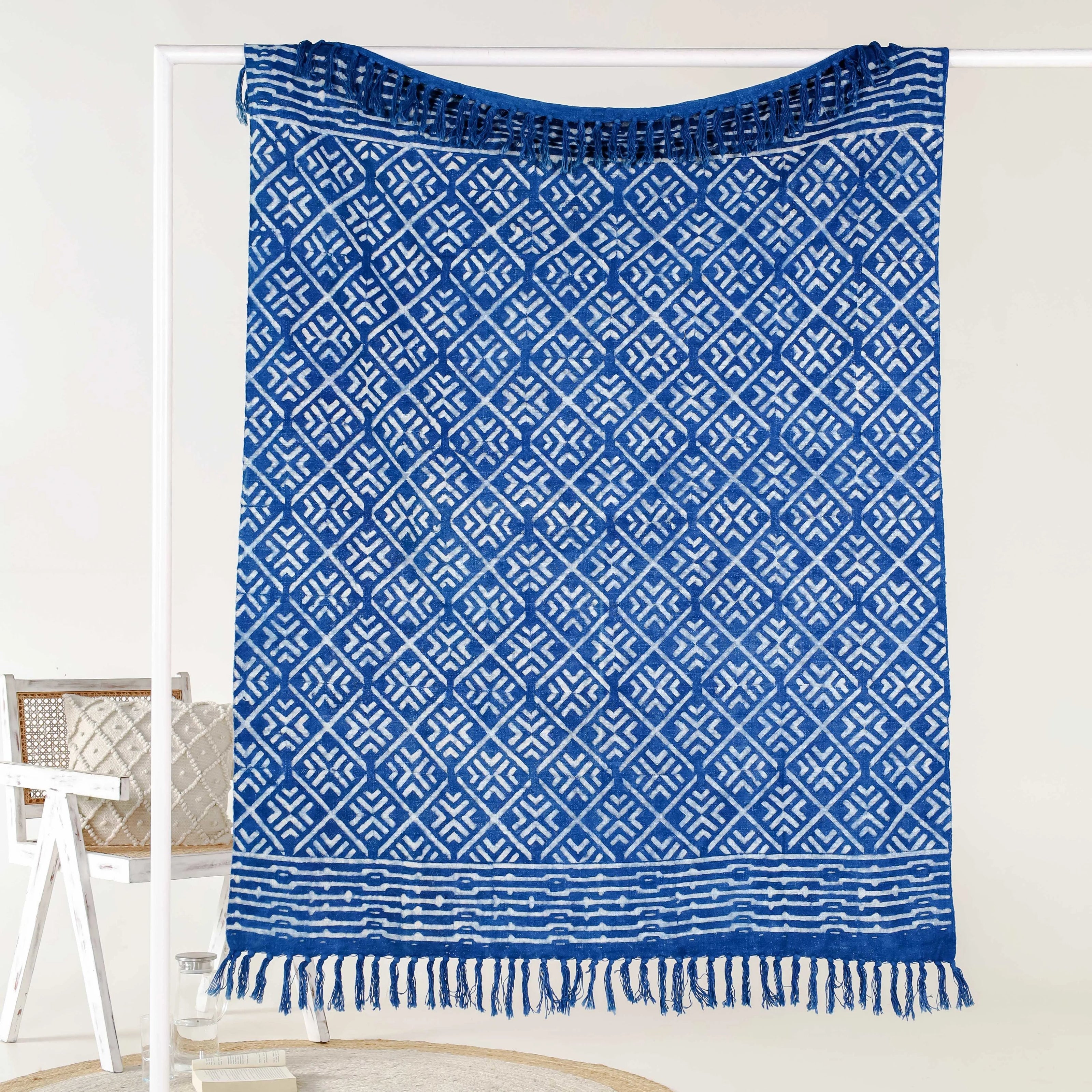 Indigo Boho Plaid met Tribal Patroon & Franjes – Urbane Hide Urbane Hide