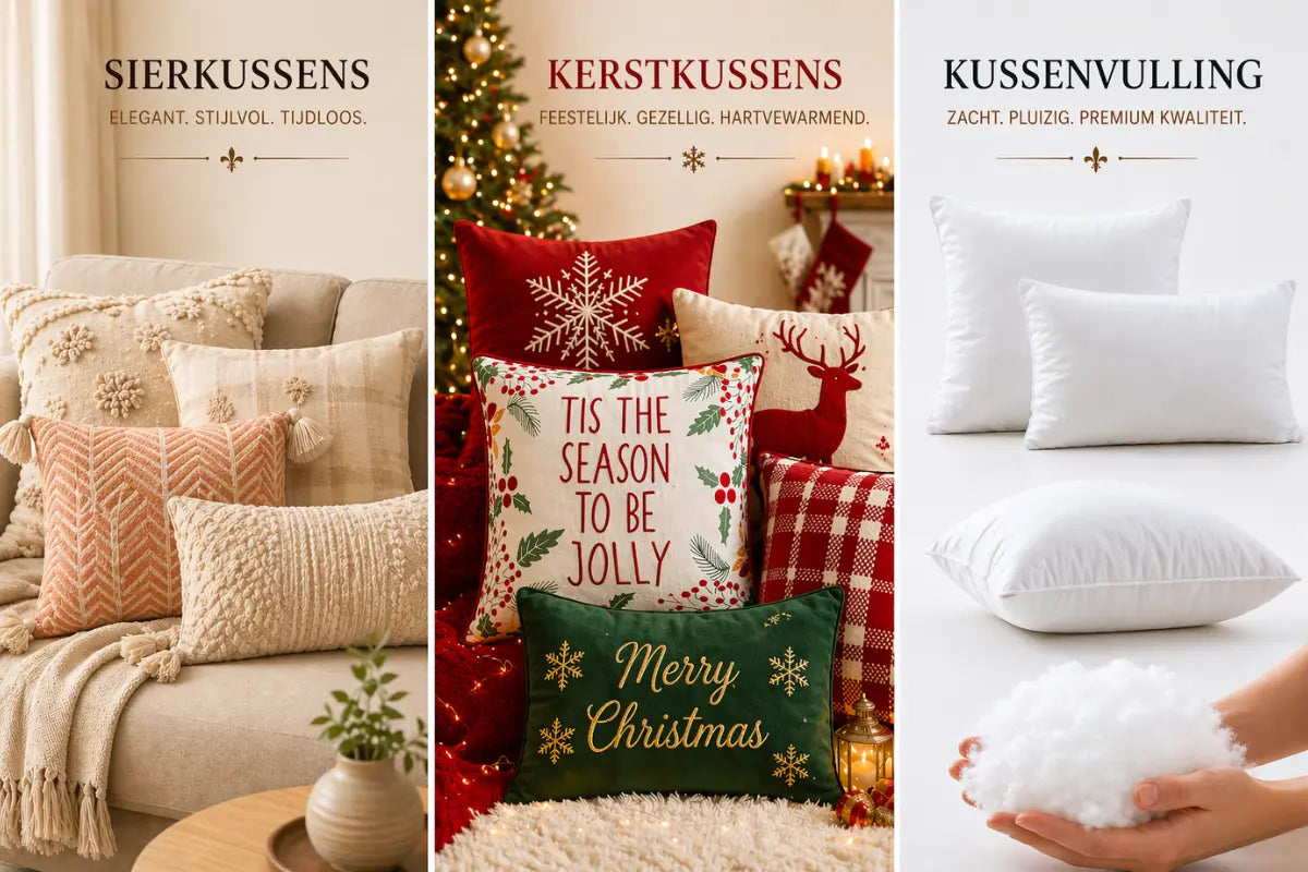 Drie panelen: sierkussens, kerstkussens en witte kussens met vulling in hand, woondecoratie
