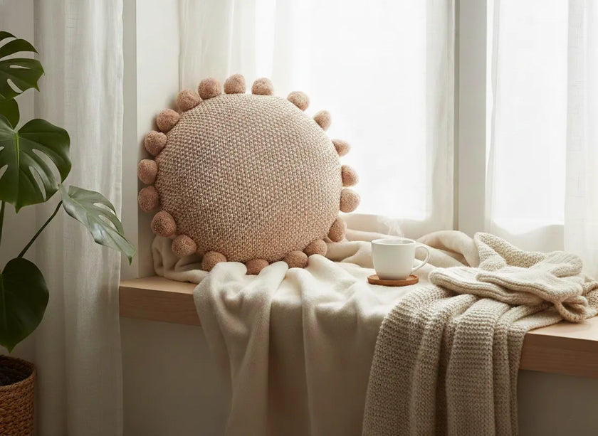 Rond sierkussen gebreid met pompons oudroze – Urbane Hide