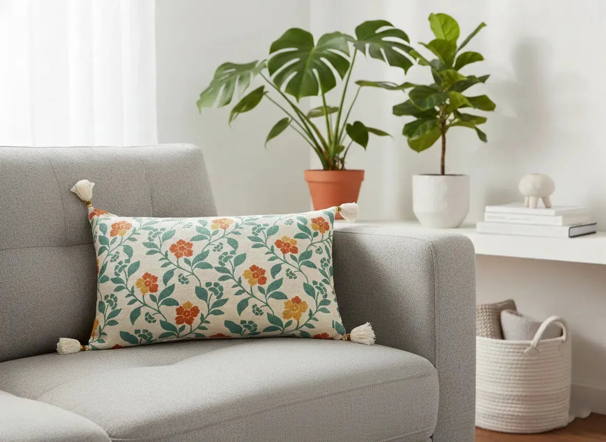 Kussen bloemenprint rechthoek met kwastjes - Urbane Hide