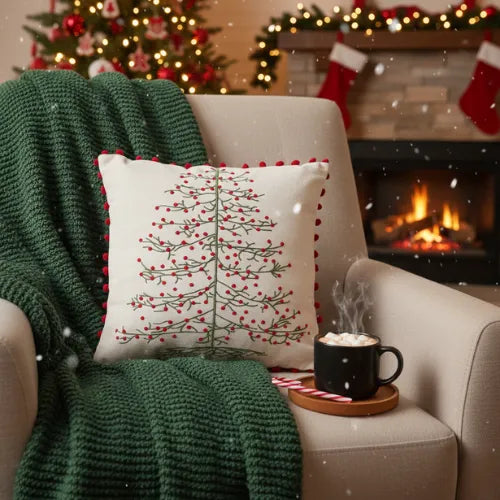 Kerstkussen met kerstboomprint en rode pompons – Urbane Hide 