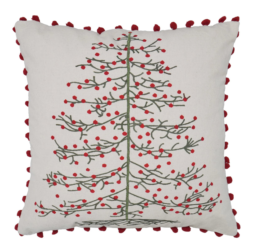 Kerstkussen met kerstboomprint en rode pompons – Urbane Hide 