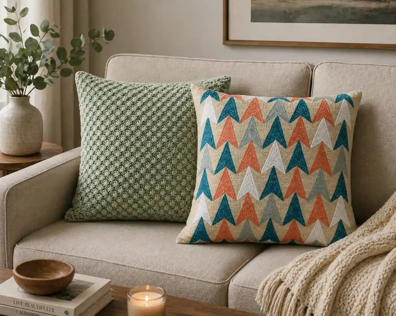 Beige bank met groene sierkussens, geometrisch kussen, plaid, kaars en plant voor warme sfeer