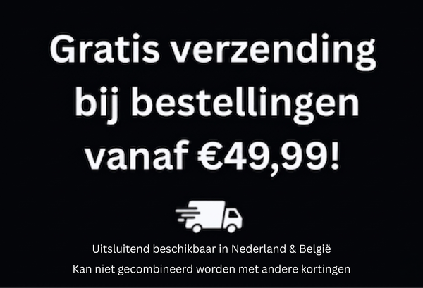 Zwarte banner met witte tekst: gratis verzending vanaf €49,99, NL & BE, met vrachtwagen icoon