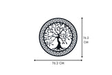 Rond zwart metalen muurdecoratie met Lebensboom, diameter 76.2 cm, met Griekse rand, perfect voor moderne interieurs.