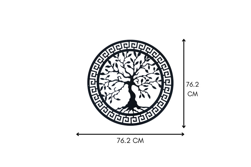 Rond zwart metalen muurdecoratie met Lebensboom, diameter 76.2 cm, met Griekse rand, perfect voor moderne interieurs.