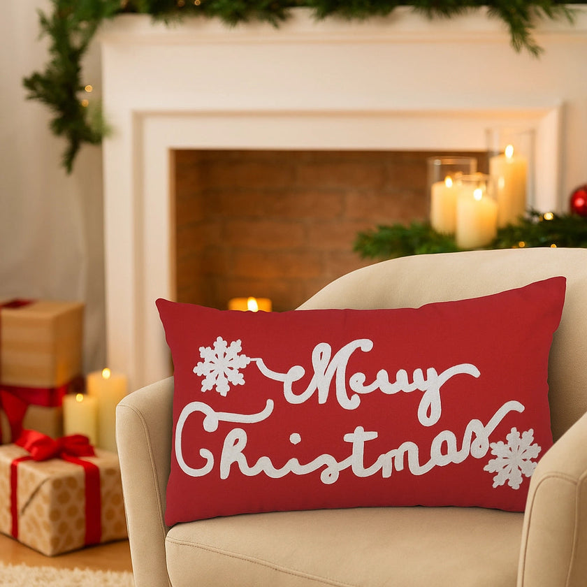 Rood Kerstkussen met Tekst & Sneeuwvlokken – Urbane Hide Urbane Hide