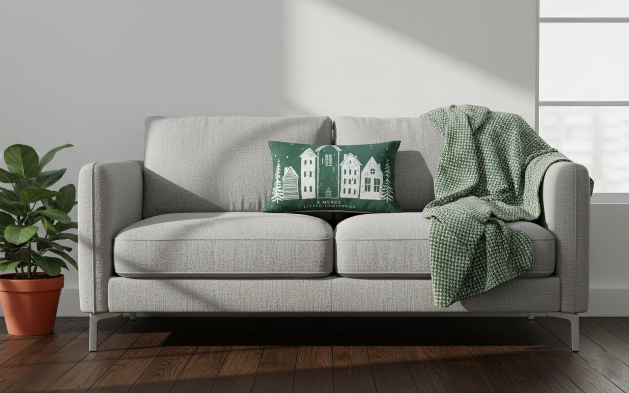 Kerstkussen met winters dorp en sfeervolle tekst – Urbane Hide Urbane Hide