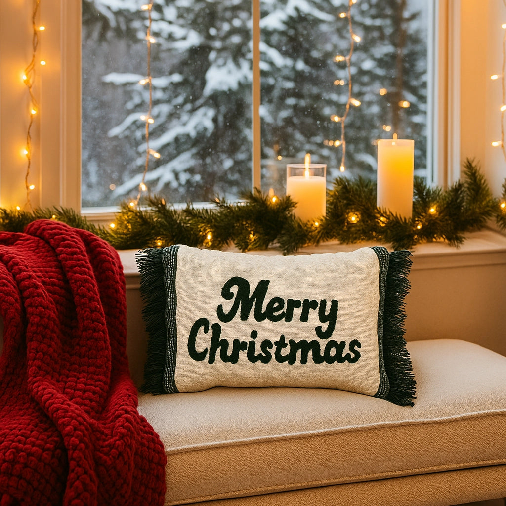 Kerst kussenhoes Merry Christmas met franjes - Urbane Hide Urbane Hide