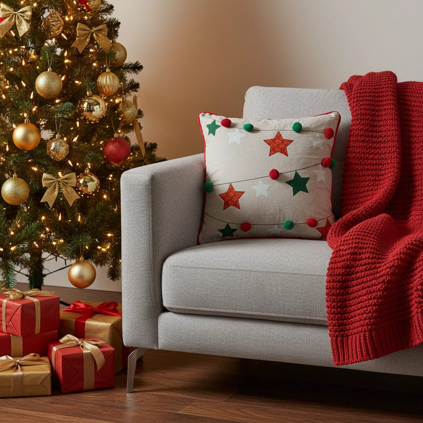 Kerstkussen met sterren en pompons in vrolijke kleuren – Urbane Hide Urbane Hide