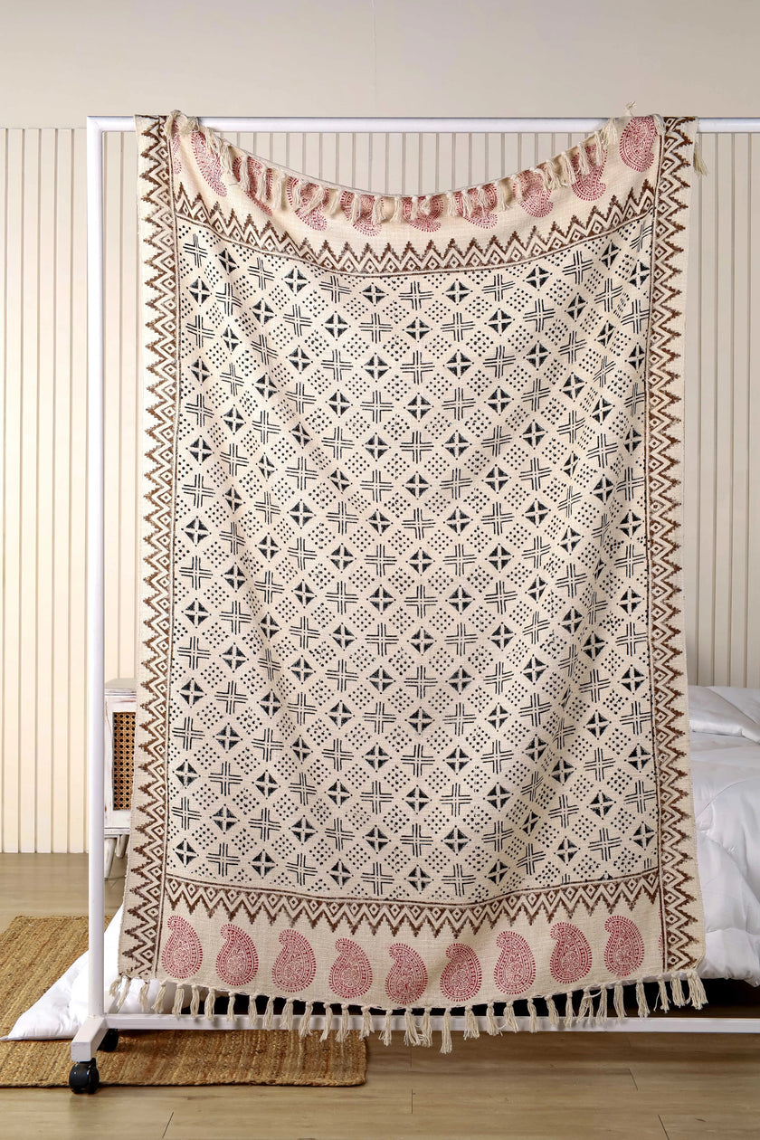Beige Deken met Zwarte Tribal Print & Franje | Urbane Hide Urbane Hide