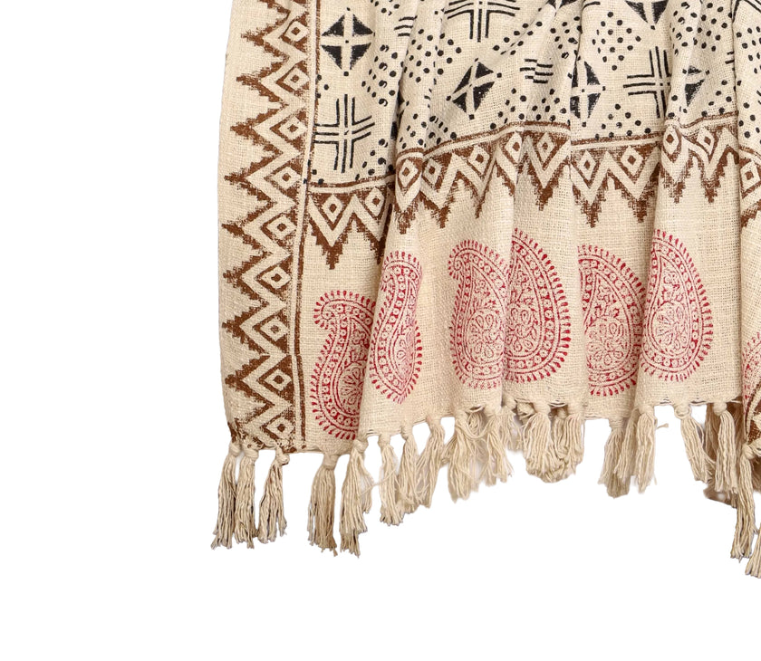 Beige Deken met Zwarte Tribal Print & Franje | Urbane Hide Urbane Hide