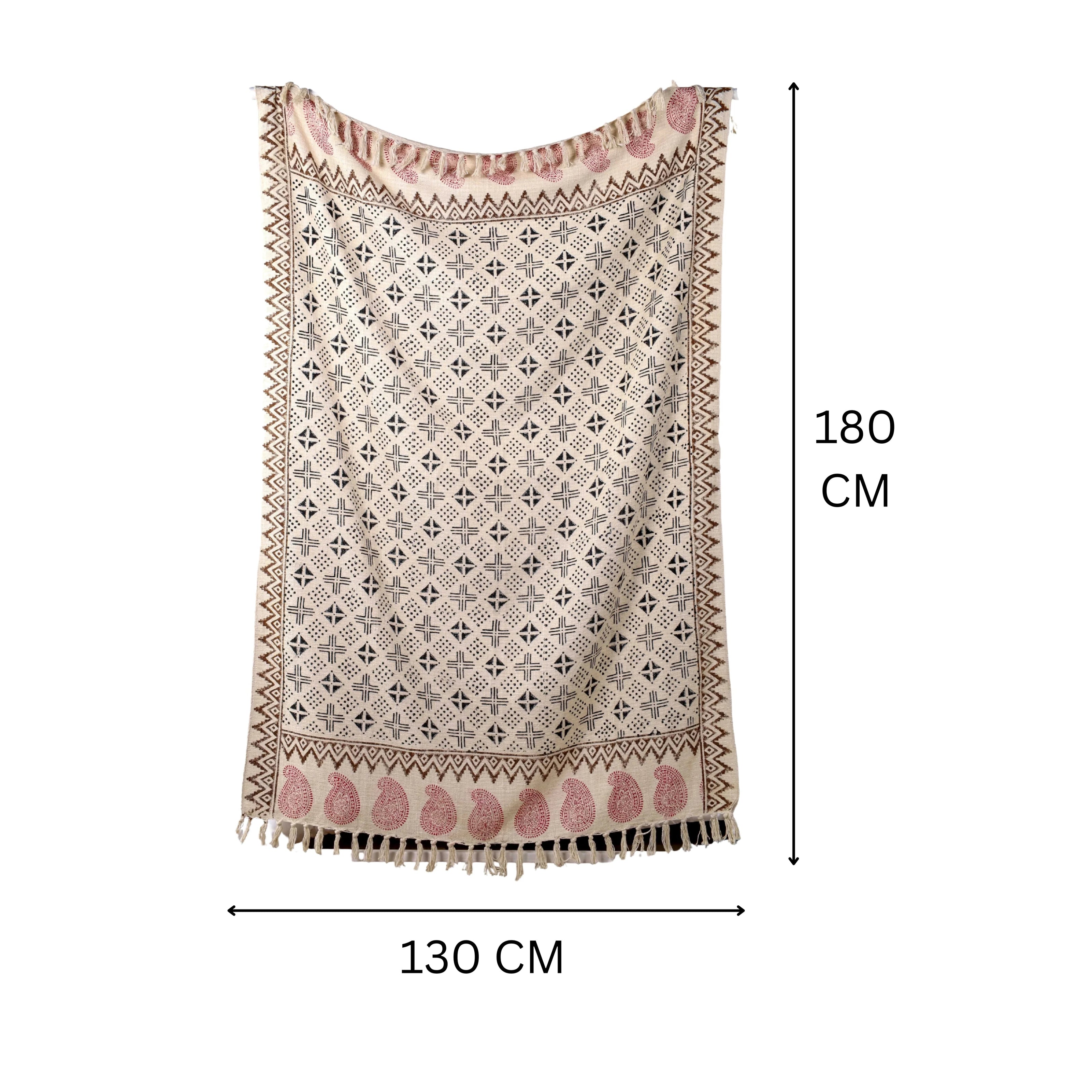 Beige Deken met Zwarte Tribal Print & Franje | Urbane Hide Urbane Hide