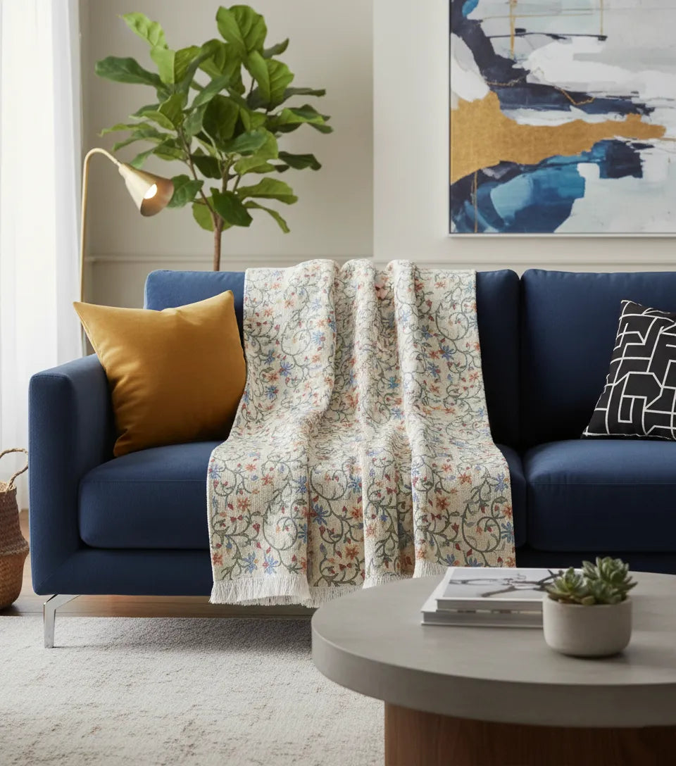 Geborduurde Beige Woondeken met Bloemen | Urbane Hide 