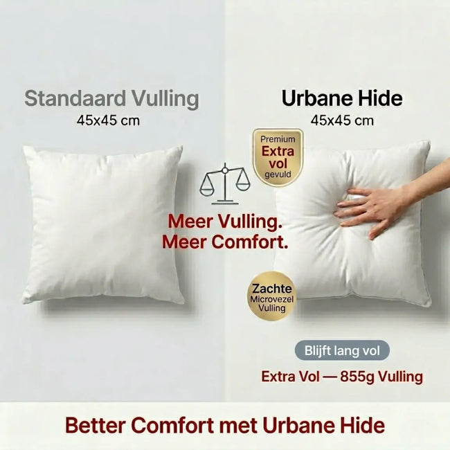 Vergelijking kussenvulling 45x45 cm: standaard plat kussen vs Urbane Hide extra volle microvezel, ingedrukt door hand, meer comfort