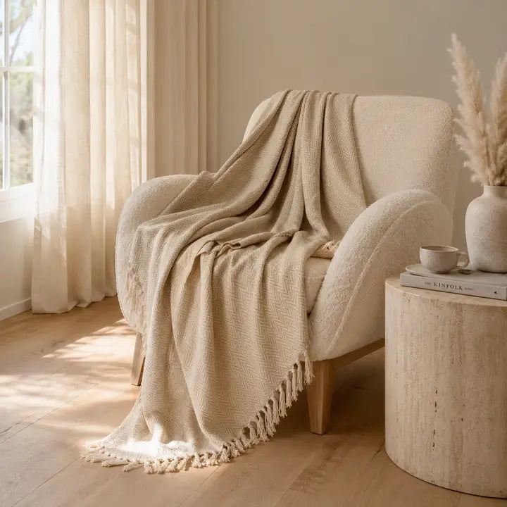 Tissu carreaux beige doux franges intérieur | Urbane Hide
