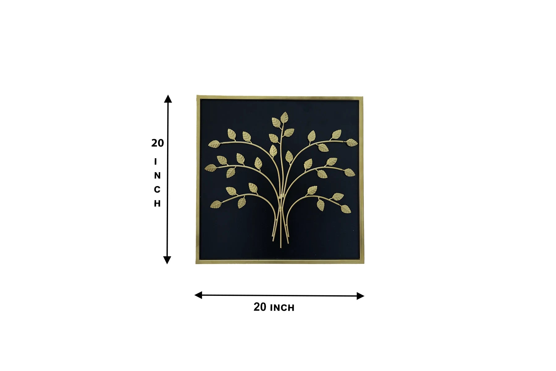 Botanische muurdecoratie in een vierkant frame met gouden takken op een zwarte achtergrond, 20x20 inch.