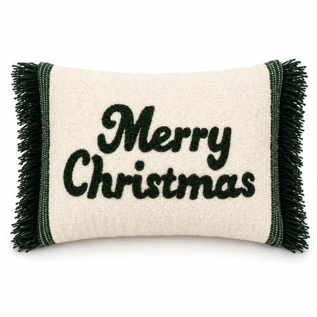 Kerstkussen groen en grijs met Merry Christmas tekst
