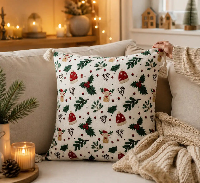 Kerst sierkussen meerkleurig op bank in woonkamer