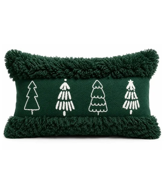 Kerstkussen groen met witte kerstbomen motief